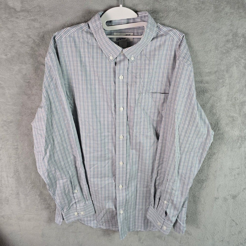 Duluth Trading Co Mens Large Relaxed Fit Cotton Plaid Button Down Shirt Blue Red